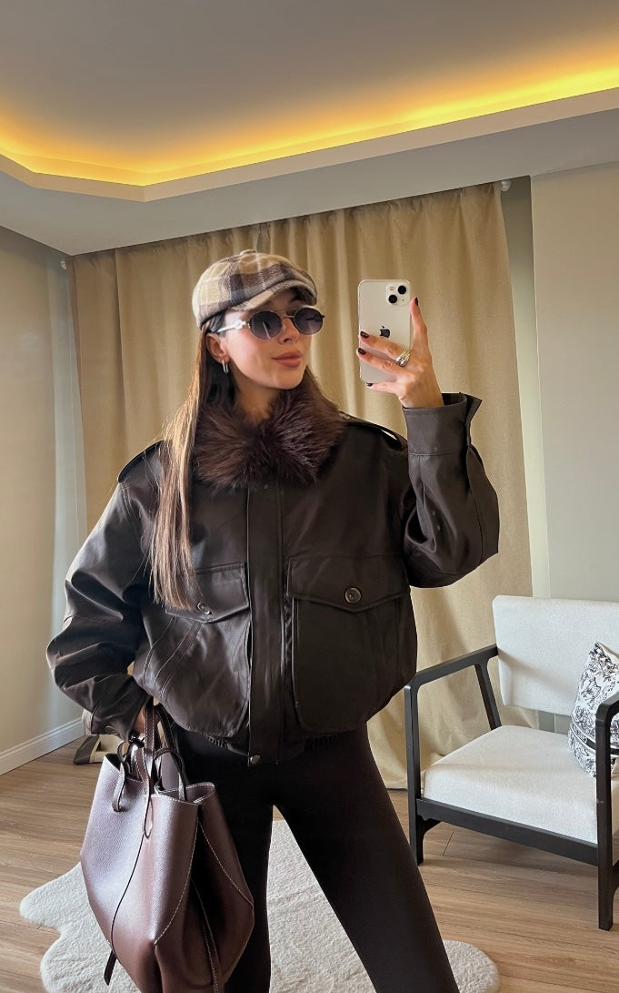 YAKA KÜRK DETAY PREMİUM DERİ CEKET