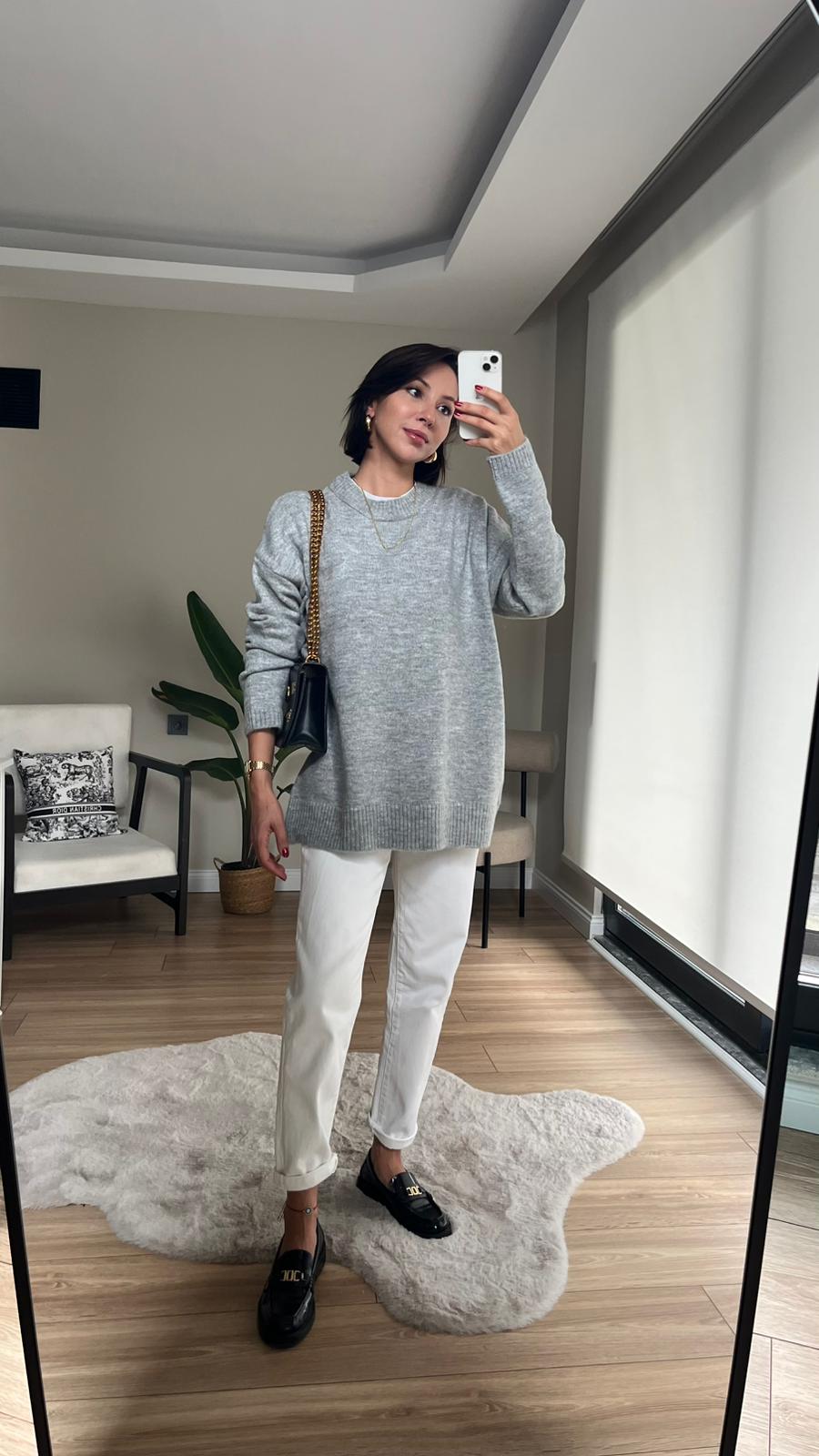 Bisiklet Yaka Oversize Gri Kazak