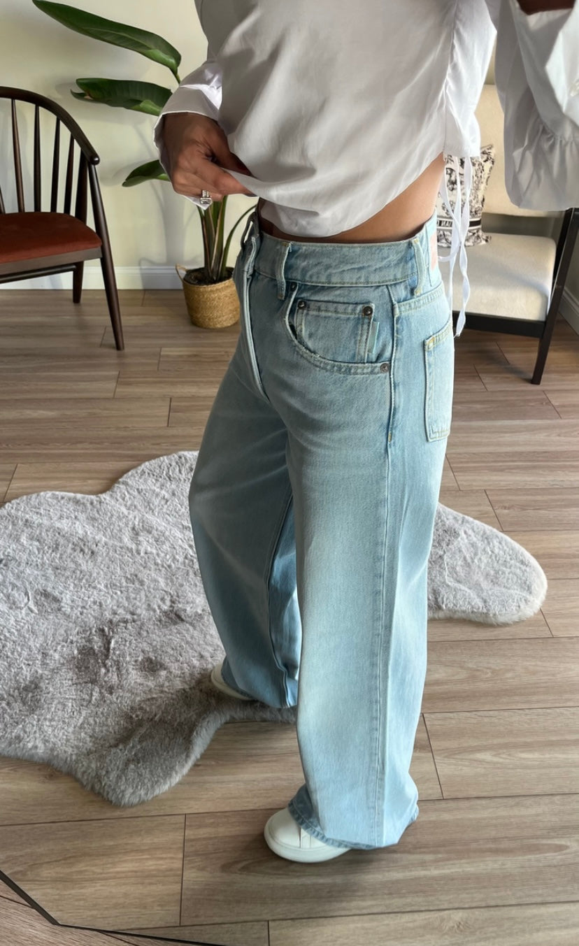 Buz Mavi Wide Leg Yüksek Bel Jean